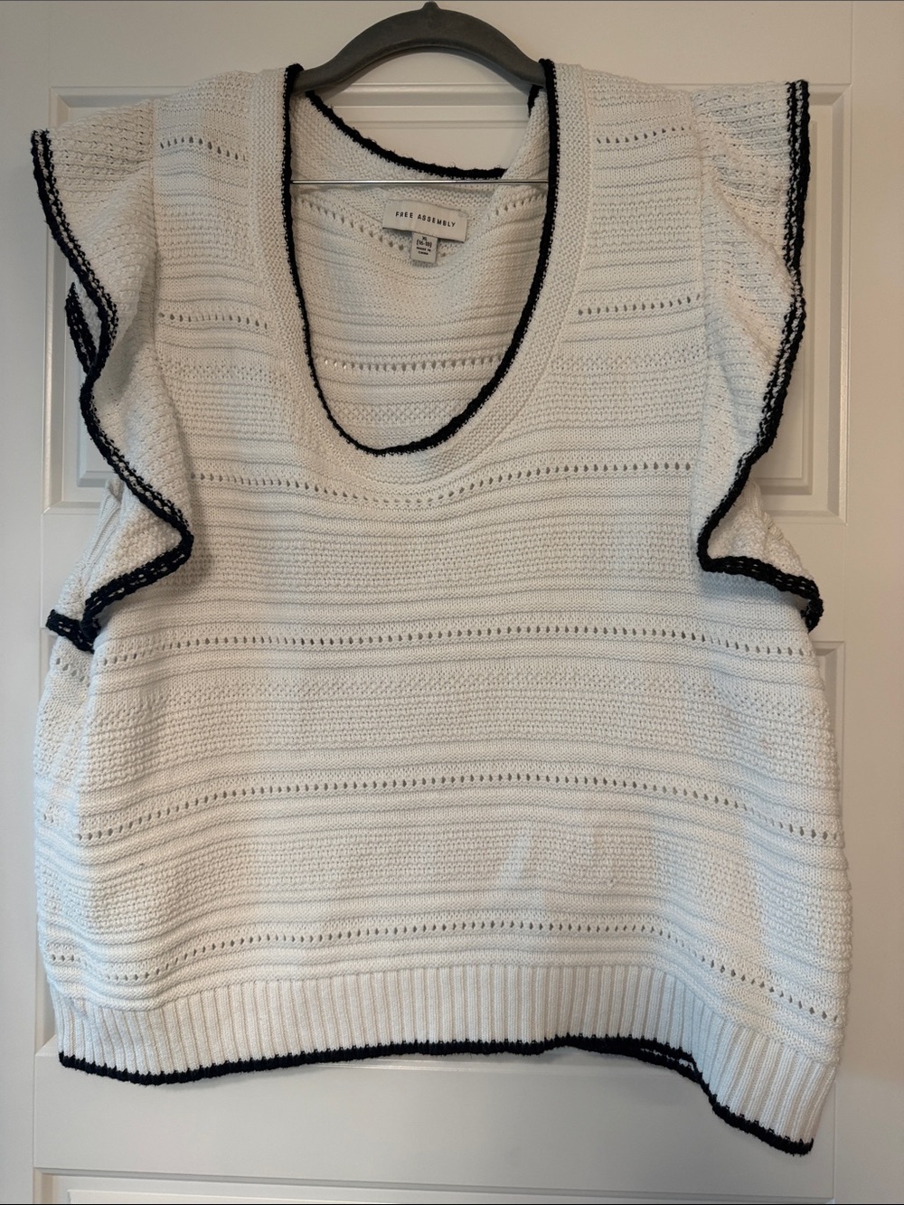 Free People White Knit Ruffle Sleeve Scoop Neck Tank with Black Trim